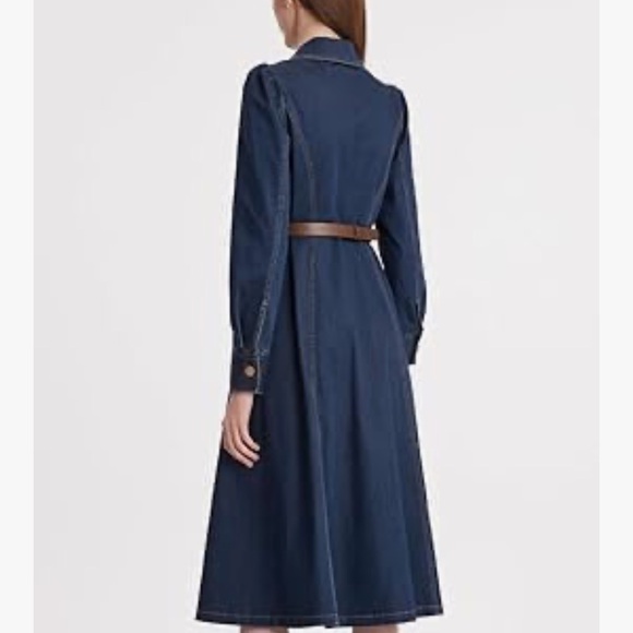 Women's Denim Dress Button Down Lapel Collar Casual Midi Dress with Belt - Picture 8 of 16